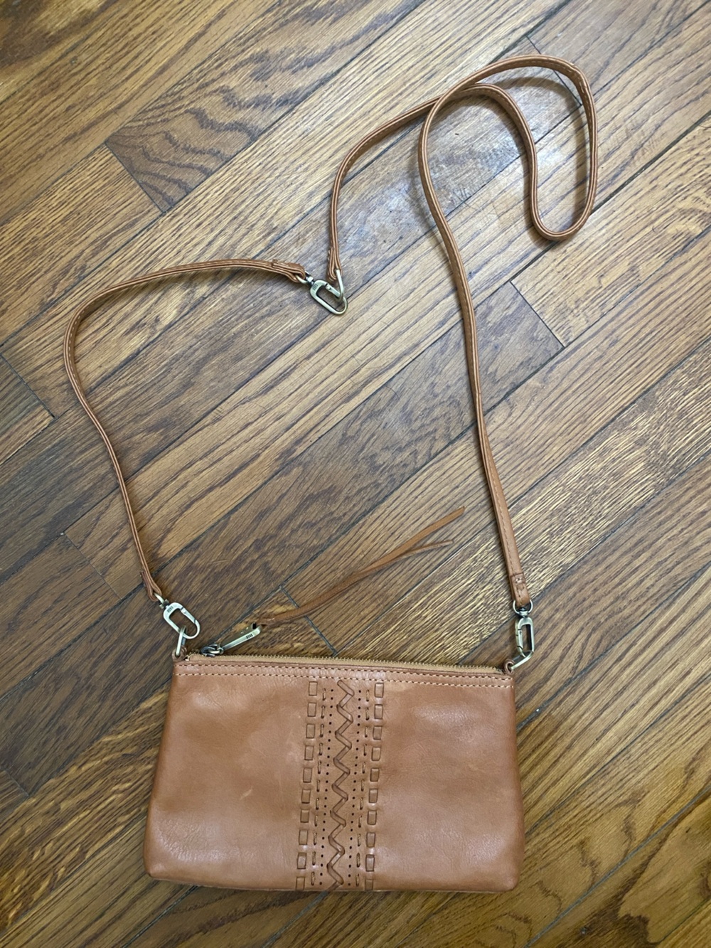 HOBO Cognac Leather Crossbody with Decorative Center Stitching